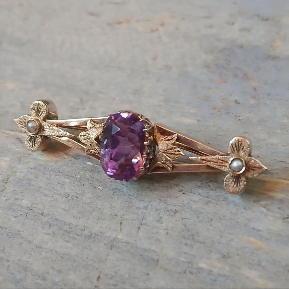 Antique Victorian 14K Yellow Gold Amethyst Bar Brooch Pin 5.7 Grams 1.8" - Picture 5 of 16